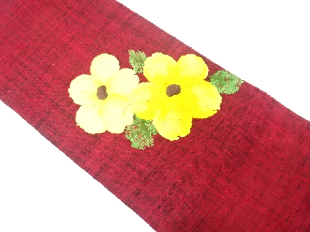 手織り真綿紬　花模様織り出し　名古屋帯